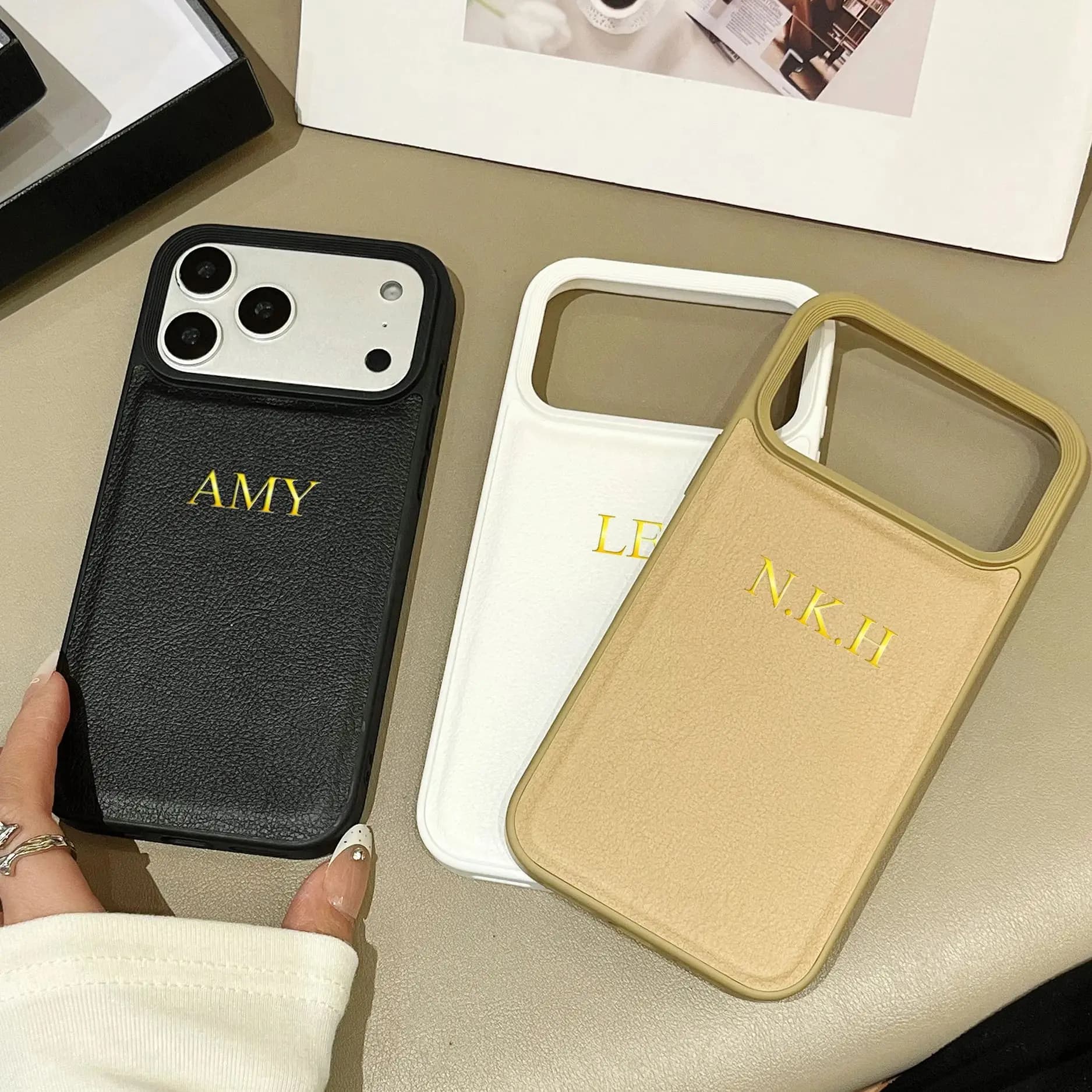 Personalized Custom Name Luxury Faux Leather Case For iPhone 17 16 15 14 13 12 11 Pro Max Plus Air Hot Gold Foil Engraved Letter
