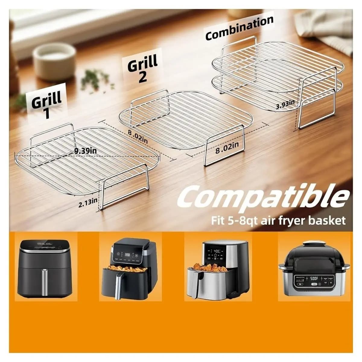Air Fryer Rack '' Accessories, 2pcs Stainless Steel Grill Stackable Basket Compatible for //