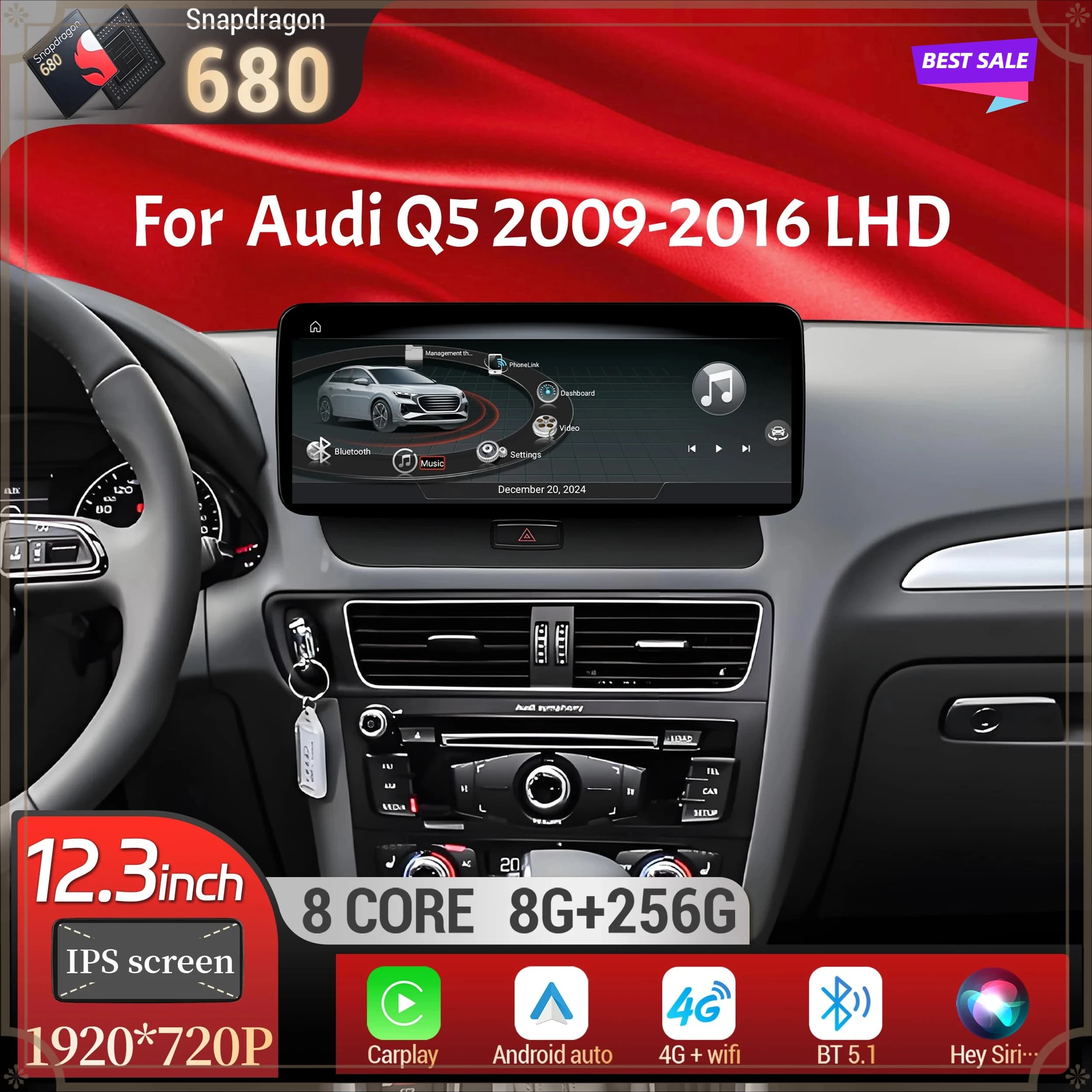 Per Audi Q5 2009-2016, schermo da 12,3 pollici Android 14 per auto con guida a sinistra, radio wireless BT Carplay, sistema Qualcomm Snapdragon 680