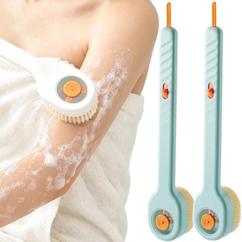 Soft Long Handle Hair Bath Brush with Liquid Filled Comfortable Showering Bath Brush Soap Dispenser Massager for Home Bathroom