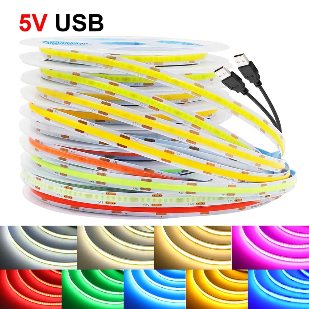 DC 5V COB LED Strip Light 320LEDs/m High Bright USB 8mm PCB Flexible Ribbon Rope for Home Decor TV Backligh 0.5m 1m 2m 3m 4m 5m