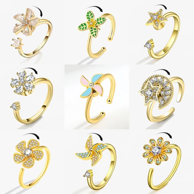 Anti stress Ansia Fidget Spinner Fiore di cristallo Stella Anelli a forma di mulino a vento Donne che ruotano liberamente Anello di fidanzamento Regali
