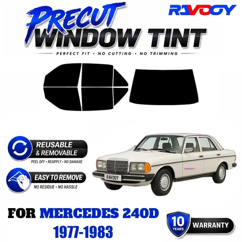 RAVOOY Precut Window Tint, Reusable Removable EPU Film, Custom Fit for Mercedes 240D 1977-1983, UV Heat Protection