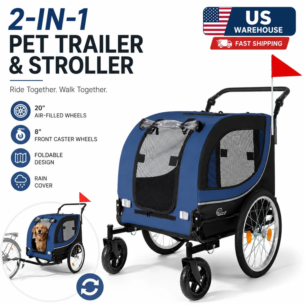 2-in-1 Bike Trailer & Pet Stroller for Dogs up to 100lbs, Foldable Large Dog Carrier Cart with 20 Inch Air-Filled Wheels, 8 Inch Front Caster Wheels, Breathable Mesh Windows, PVC Rain Cover, Quick Release Wheels, Heavy Duty Frame, Outdoor Travel Pet Wagon