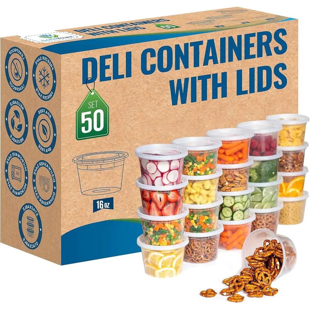 Contenitori Ermetici in Plastica Set da 50, Confezione Combo Slime 16oz - Riutilizzabili, per Conservazione, Monouso, Preparazione Pasti, Zuppe, Microonde e Congelatore