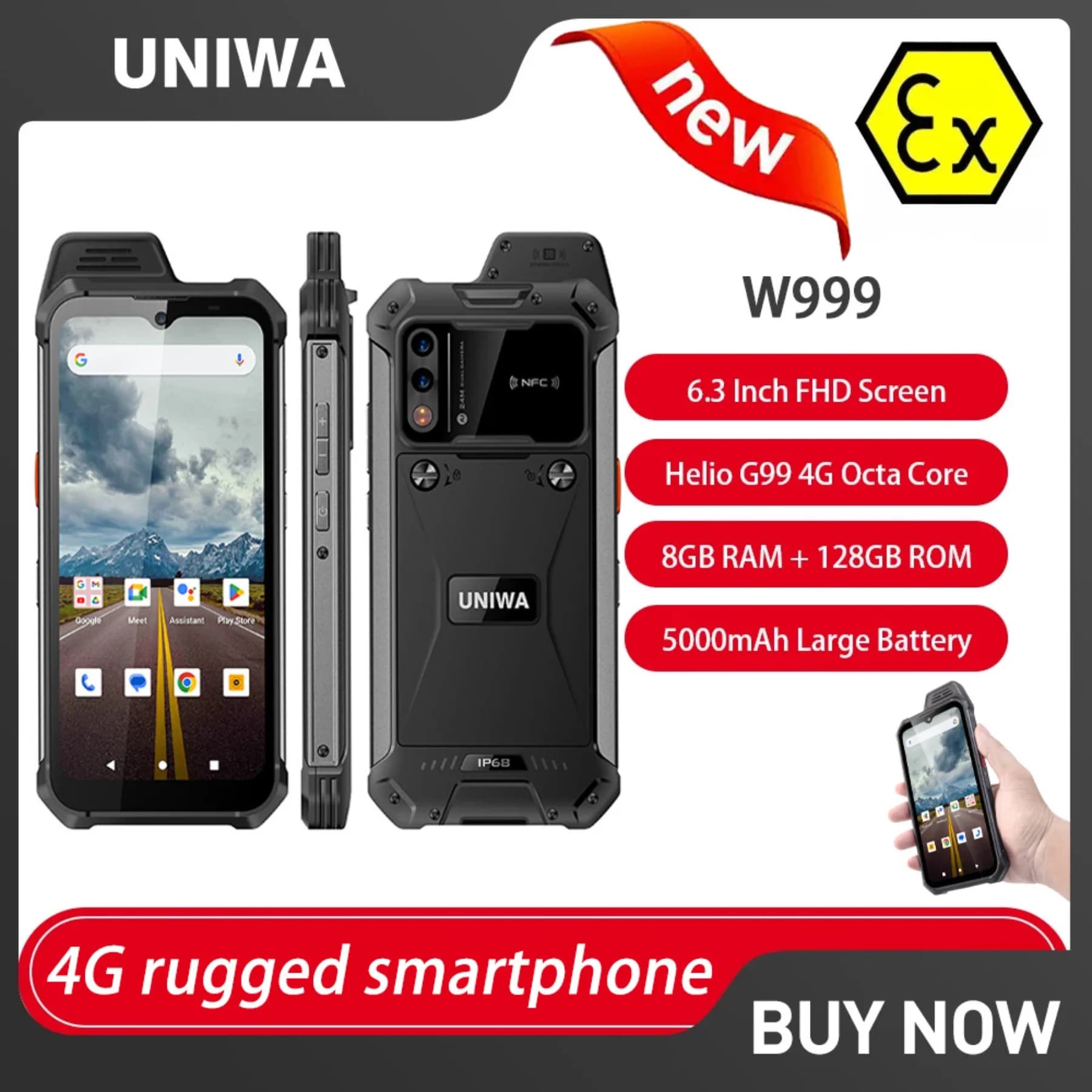 UNIWA W999 ATEX Smartphone antideflagranti Robusto IP68 6.39 "FHD Andriod13 8GB + 128GB 5000mAh Walkie Talkie PTT NFC Telefono cellulare