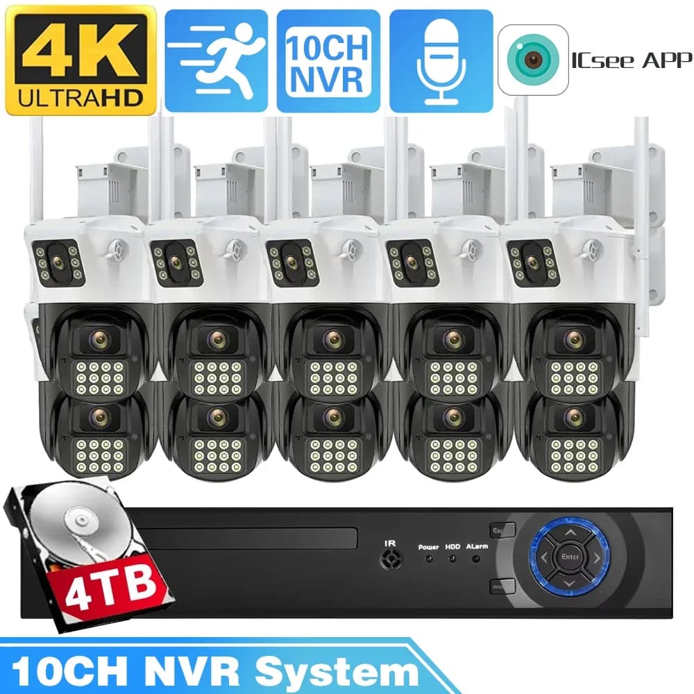 Telecamera PTZ wireless a doppio obiettivo 8MP WiFi IP Sistema intelligente di sorveglianza di sicurezza con visione notturna a colori Baby Monitor 10CH 4K NVR Set