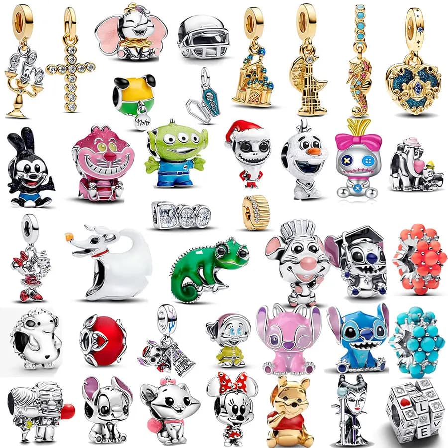Charm in Argento Sterling S925 Serie Topolino e Minnie, Compatibile con Bracciali Disney Stitch, Gioielli Fai-da-Te per Donna