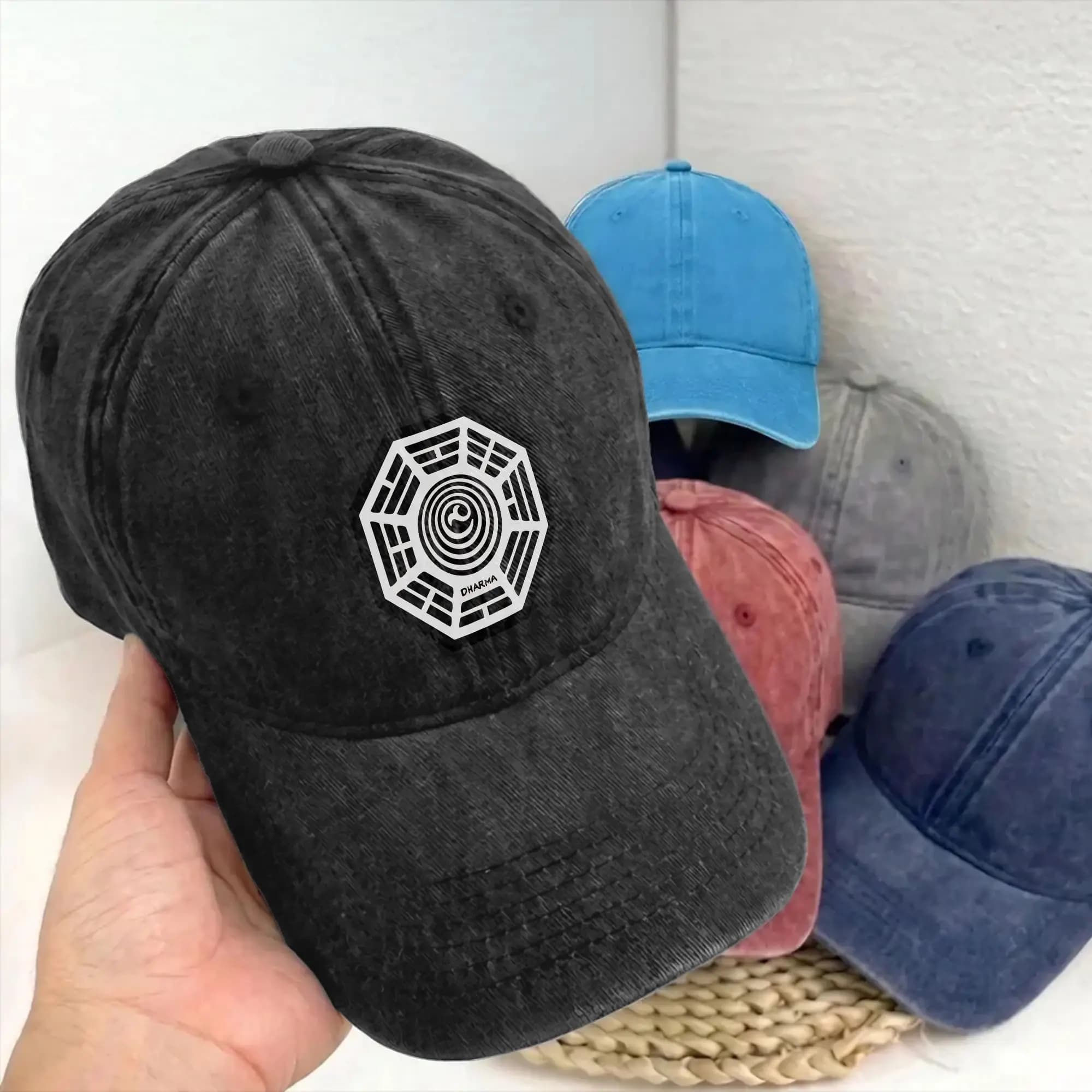 Cappellini da baseball unisex regolabili in cotone distressed vintage con logo Lost Dharma Initiative The Orchid, stile snapback ispirato alla serie TV