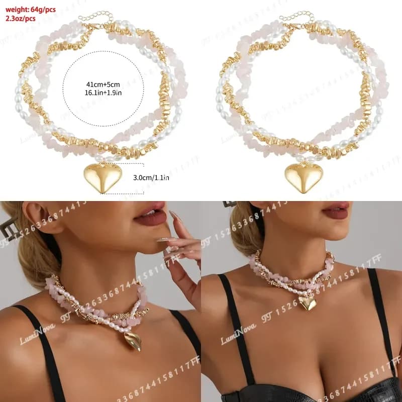 Y2K Exaggerated Puffy Love Heart Multi Layer Choker Bohemian Pink Gravel Imitation Pearl Multi Strand Necklace for Women