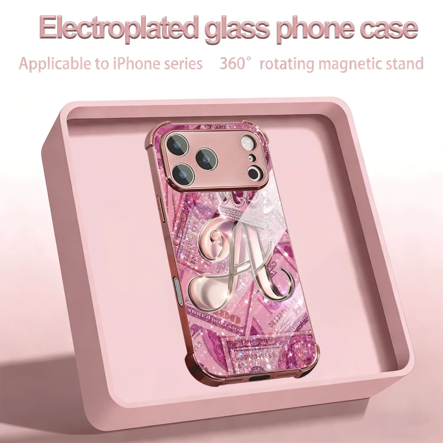 Glittery Crown Over Letter A Electroplated Glass Lens Protective Shockproof Case For iPhone 13 14 15 16 17 Pro ProMax