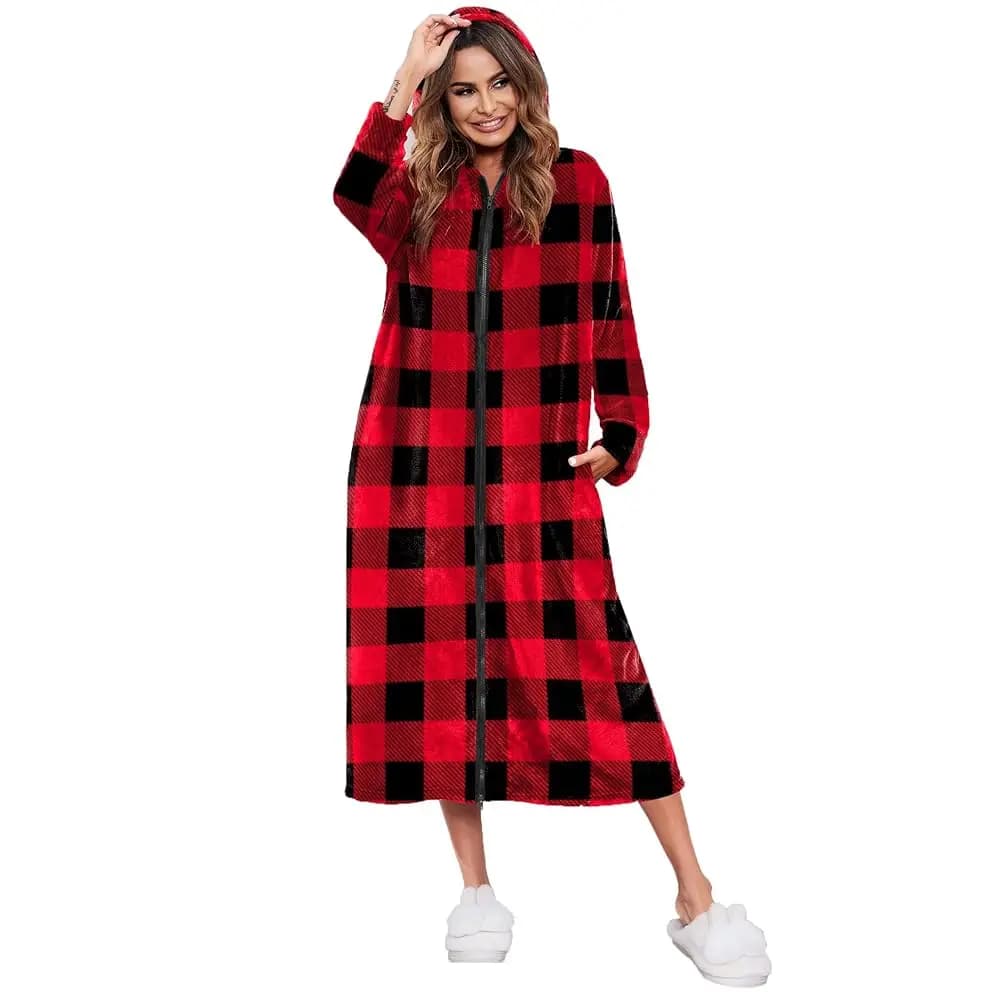 Accappatoi in pile da donna con cappuccio, cerniera frontale, lunghi, caldi, da casa, pigiami con tasche