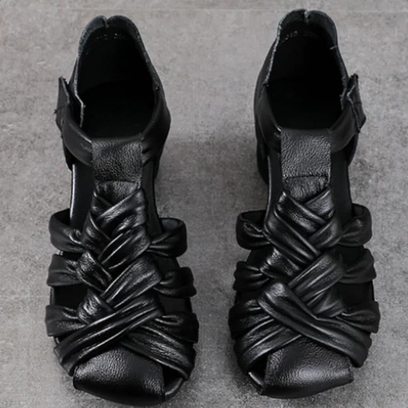 ZXRYXGS Top Cowhide Woven Hollow Breathable Women Genuine Leather Sandals 2026 Summer Round Toe Elegant Modem Sandals High Heels