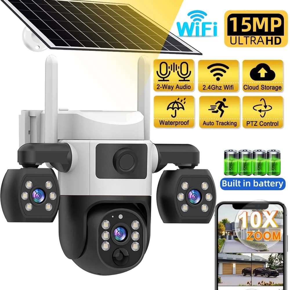 Telecamere di sicurezza Wifi HD da 15 MP 3 obiettivi 3 schermi Zoom 10X Telecamera esterna solare Visione notturna impermeabile Protezione di sicurezza CCTV