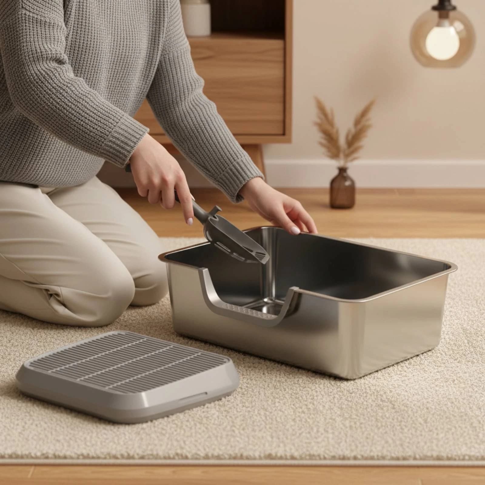 Stainless Steel Litter Box Rounded Corners uncoveredTop Litter Box Pet Toilet Light Gray Anti-Slip Stickers