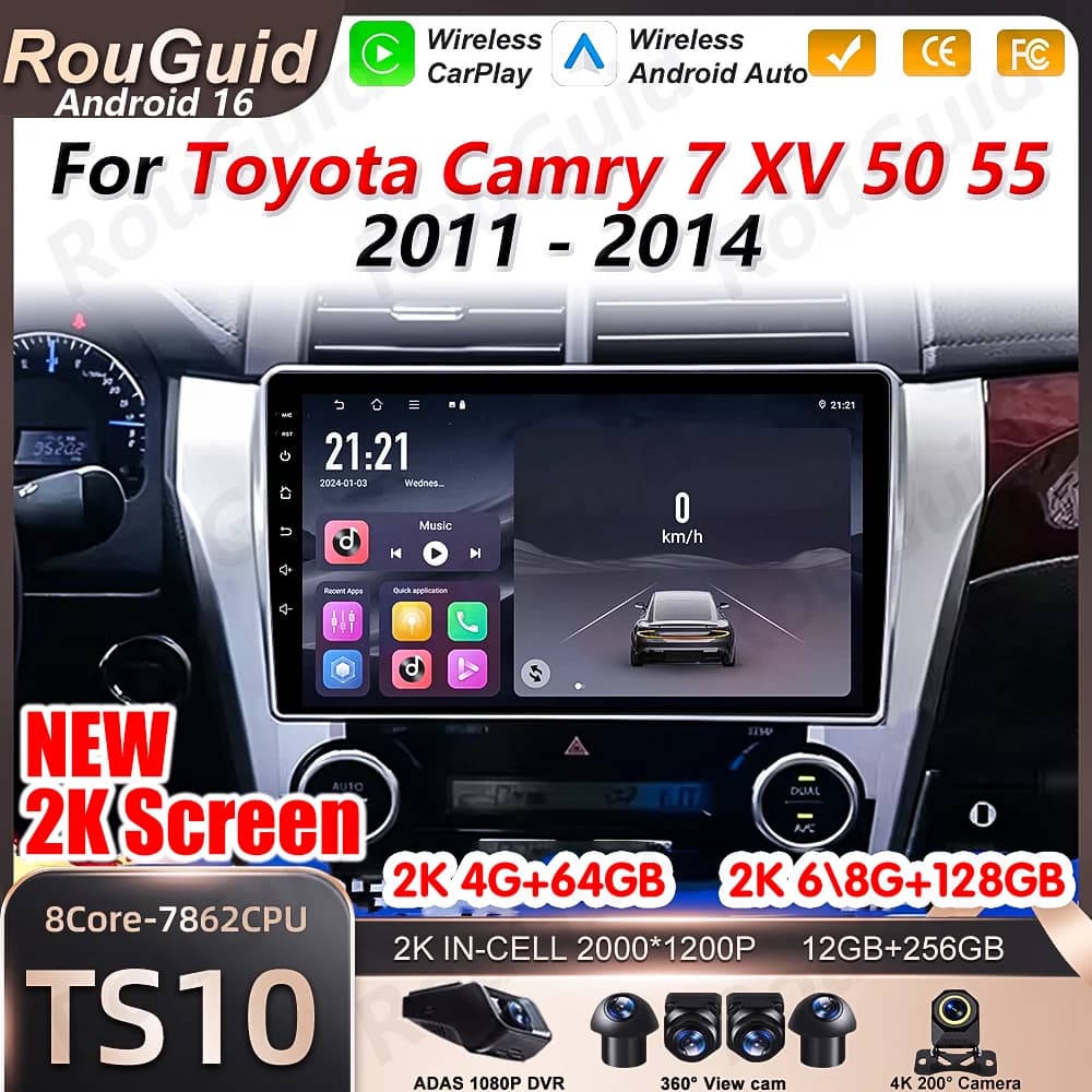 Android16 Auto Car Radio For Toyota Camry 7 XV 50 55 2011 2012 2013 2014 Carplay 5G Wifi Video Multimedia Player GPS BT DSP RSD