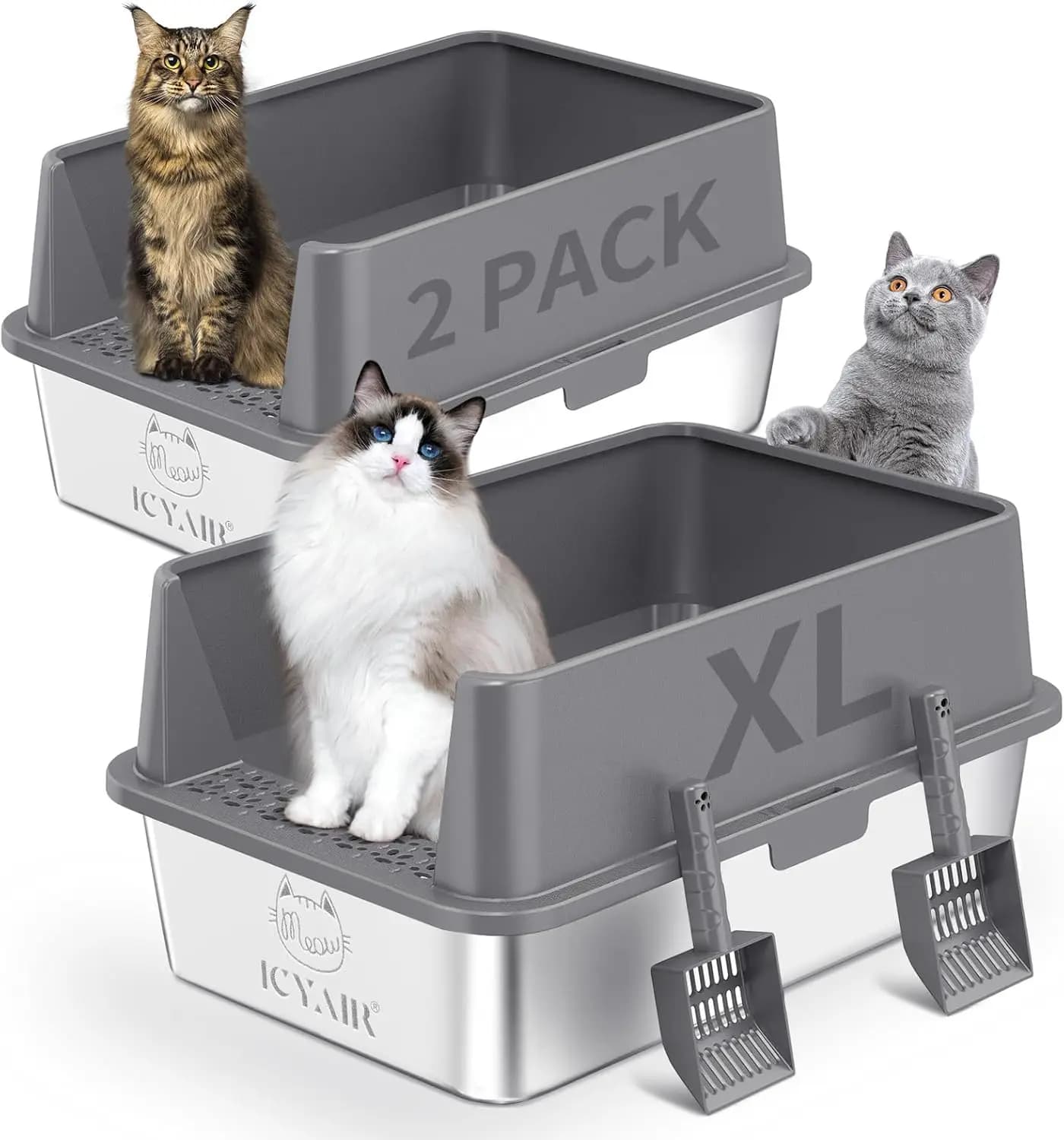 Set di 2 Lettiere per Gatti in Acciaio Inox con Coperchio e Bordi Alti, Extra Large XL per Gatti Grandi, Design Anti-Perdita, Antiaderente e Inodore