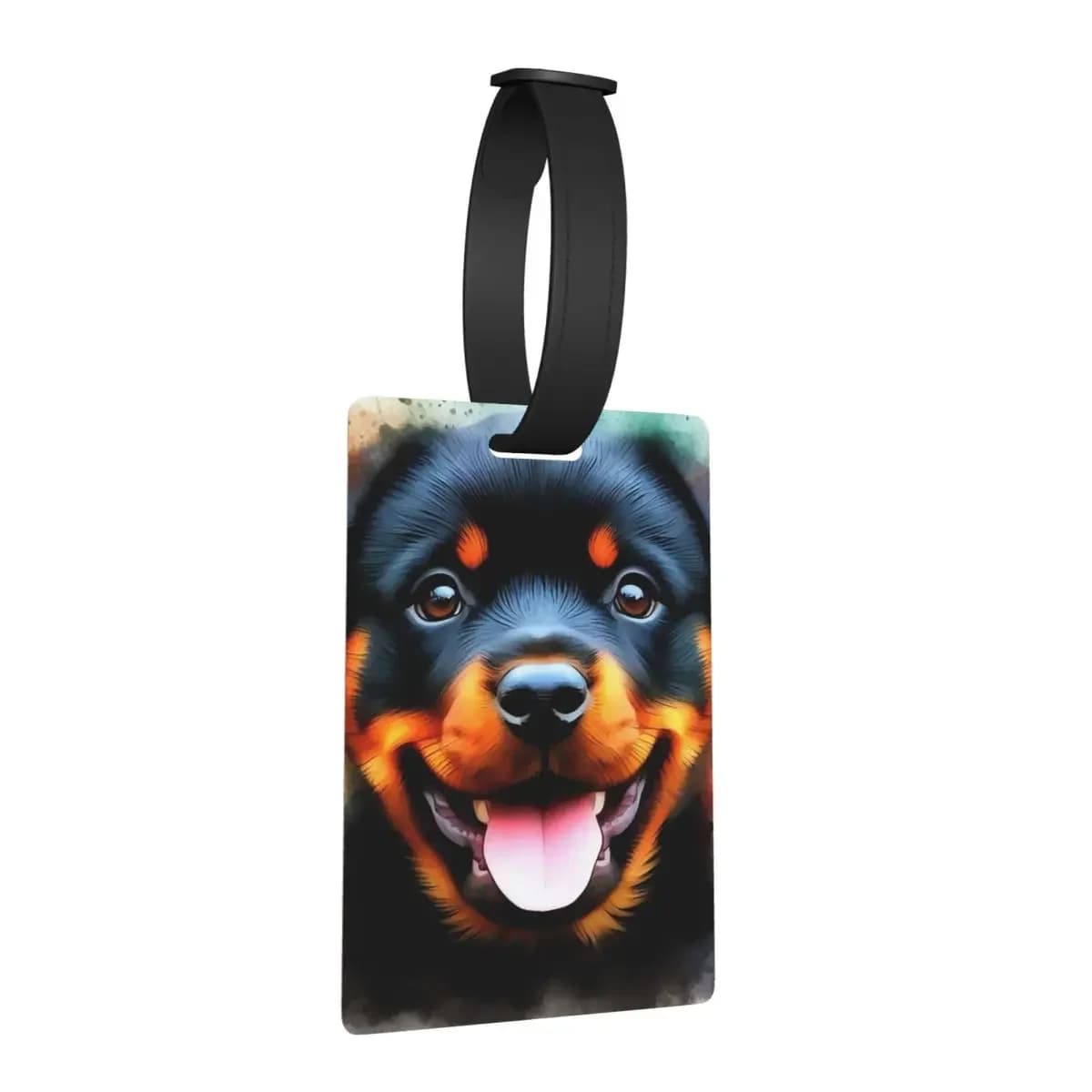 Happy Rottweiler Dog Puppy Acquerello Ritratto Etichette per bagagli Valigia Carino Bagaglio Etichetta d'imbarco Porta etichetta ID Nome Indirizzo