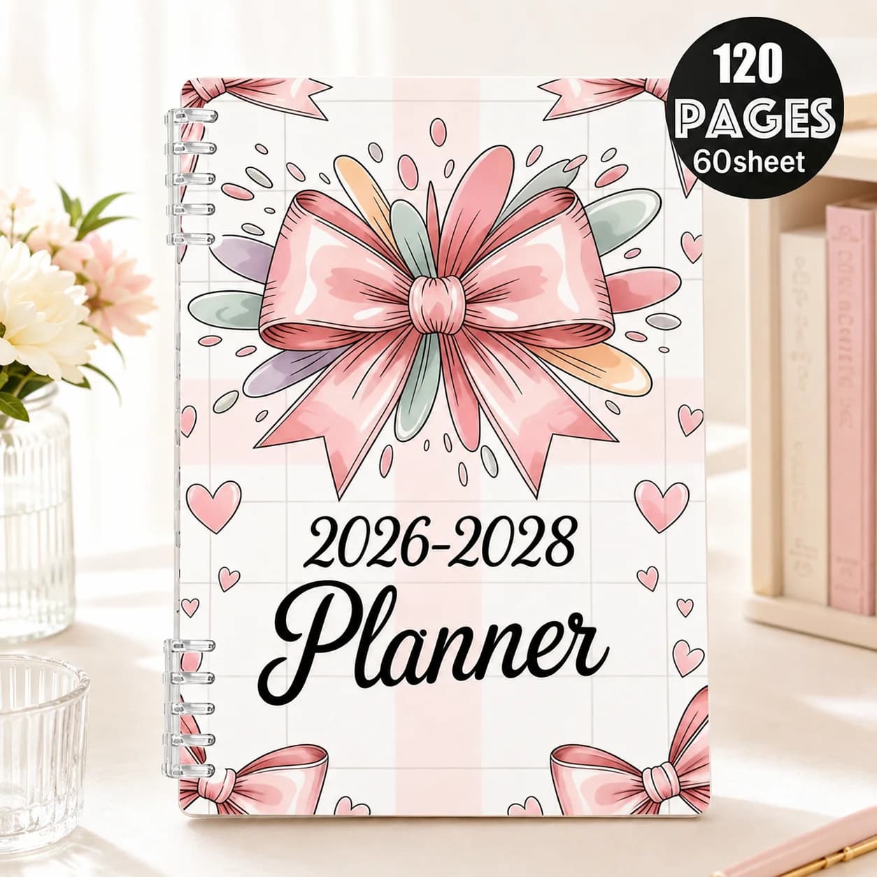 2026-2028 Spiral Planner Notebook, 120 Pages Cute Pink Bow Daily Weekly Organizer Journal for Women Students School Office