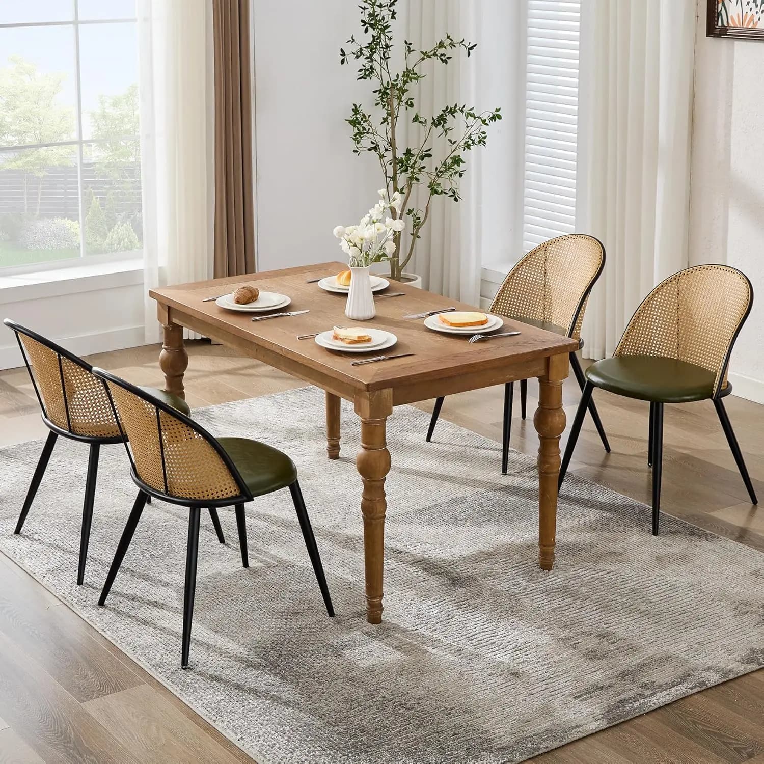 Set of 4 rattan dining chairs with eco-leather cushion, modern chairs for dining room with adjustable footrest, kitchen, customized