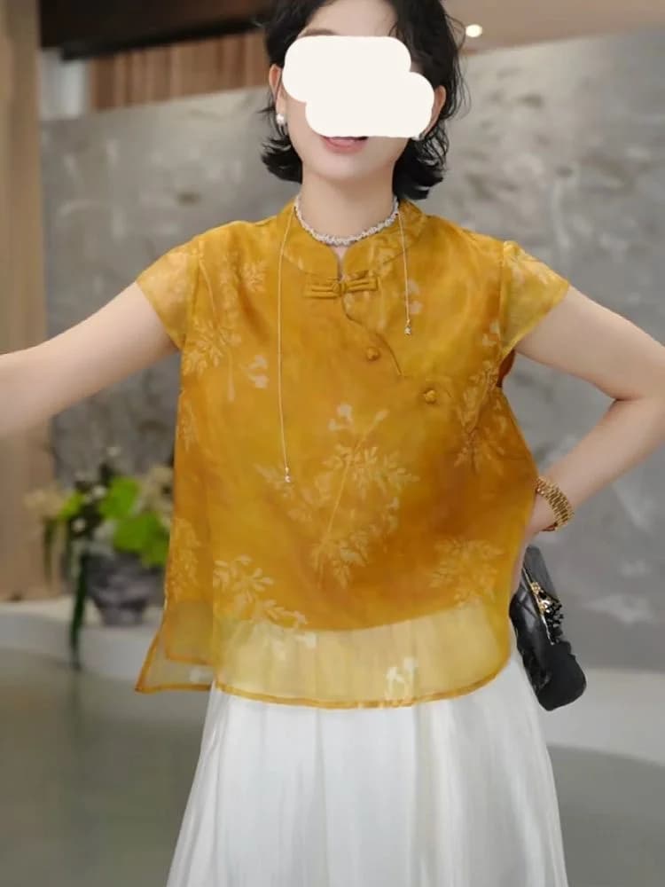 Elegant Chinese Button-Up Short Sleeve Women's Top Summer 2026 Fashion Conceal Meat Lightweight Luxury Style Printed Embroidered