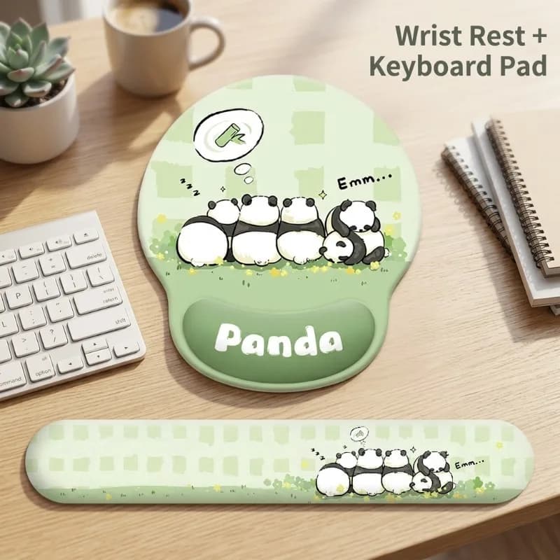 Set Tappetino per Mouse e Poggiapolsi per Tastiera Kawaii Panda, Cuscino Ergonomico Verde Carino per Donne e Ragazze, Forniture per Scuola e Ufficio