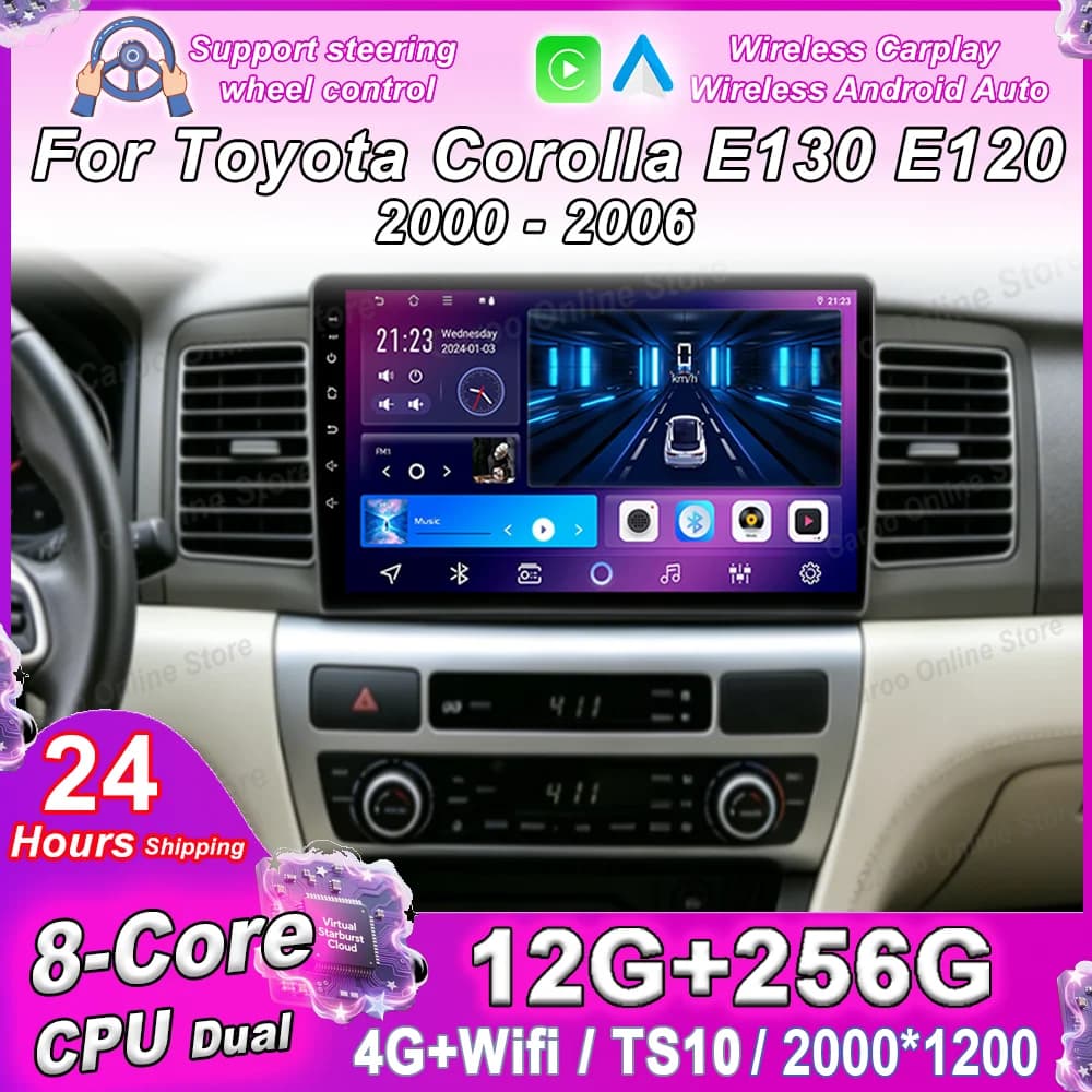Android 16 For Toyota Corolla E130 E120 2000 2001 2002 2003 2004 2005 2006 Car GPS Navigation Carplay Multimedia Video Player 4G
