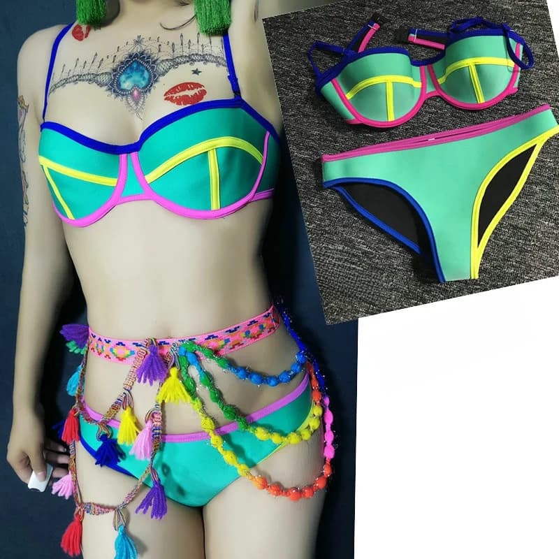 Sexy Fluorescent Bikini Set Dance Team Performance Outfit Night Club DJ Singer Lead Singer Performance Costume Separate Swimsuit