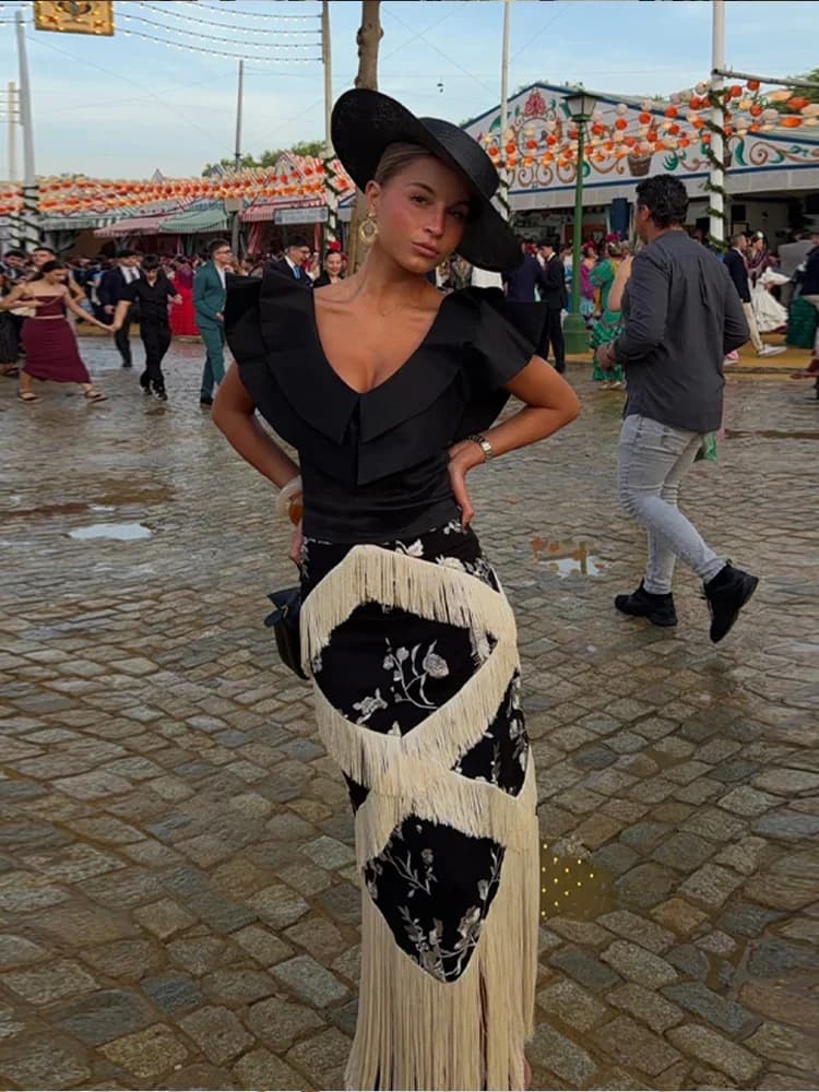 Fashion Ruffles Top Tassel Skirt Sets Women Summer Flying Sleeve V-neck Top Print Front Split Long Skirts Female Suit 2026