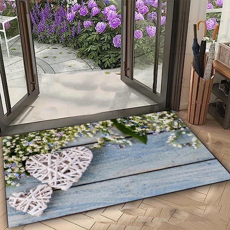 Tappeto Rustico con Cuore Floreale, Stile Shabby Chic, Zerbino Antiscivolo Facile da Pulire, Tappeto Caldo Decorativo per Soggiorno e Camera da Letto, Adatto agli Animali Domestici