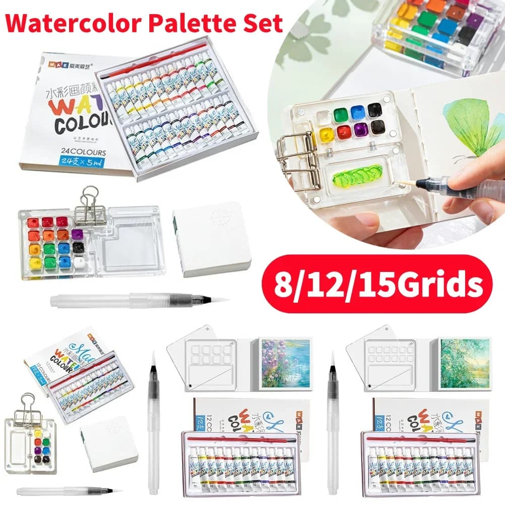 Water Colour Paint Palette Travel Kit for Painters Artists Students Acrylic 8/15 Grid Paint Box Portable Sketchbook Palette Set