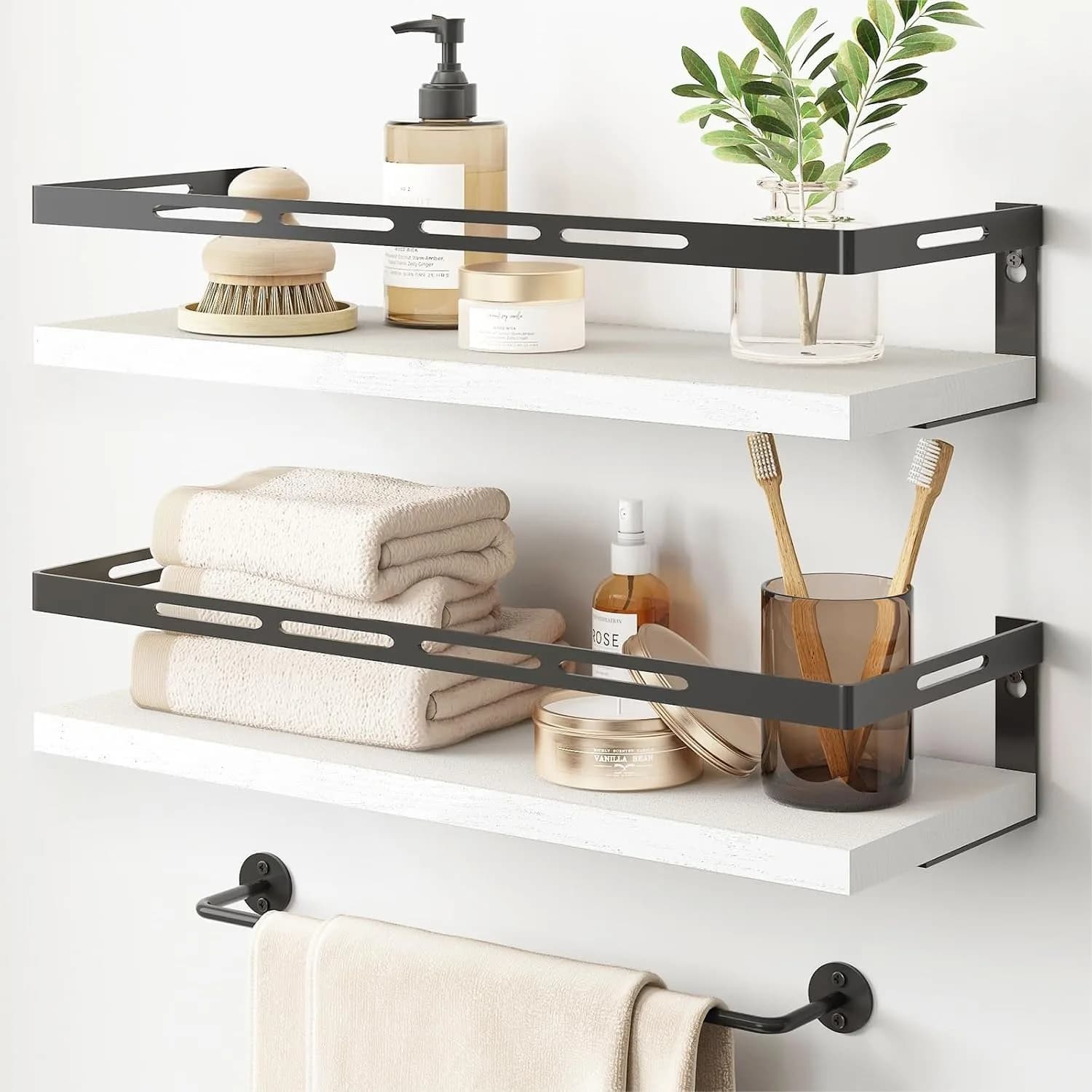 Mensole Galleggianti con Portasciugamani per Bagno Sopra il WC, Contenitori a Parete per Camera da Letto, Cucina, Soggiorno in Bianco-Nero