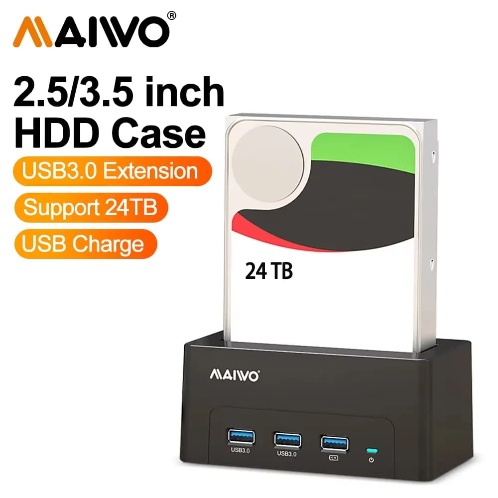 MAIWO Dock per disco rigido SATA HDD/SSD da 2,5"/3,5" Docking station da USB a SATA con 2 porte USB 3.0 1 porta di ricarica rapida Custodia per HDD