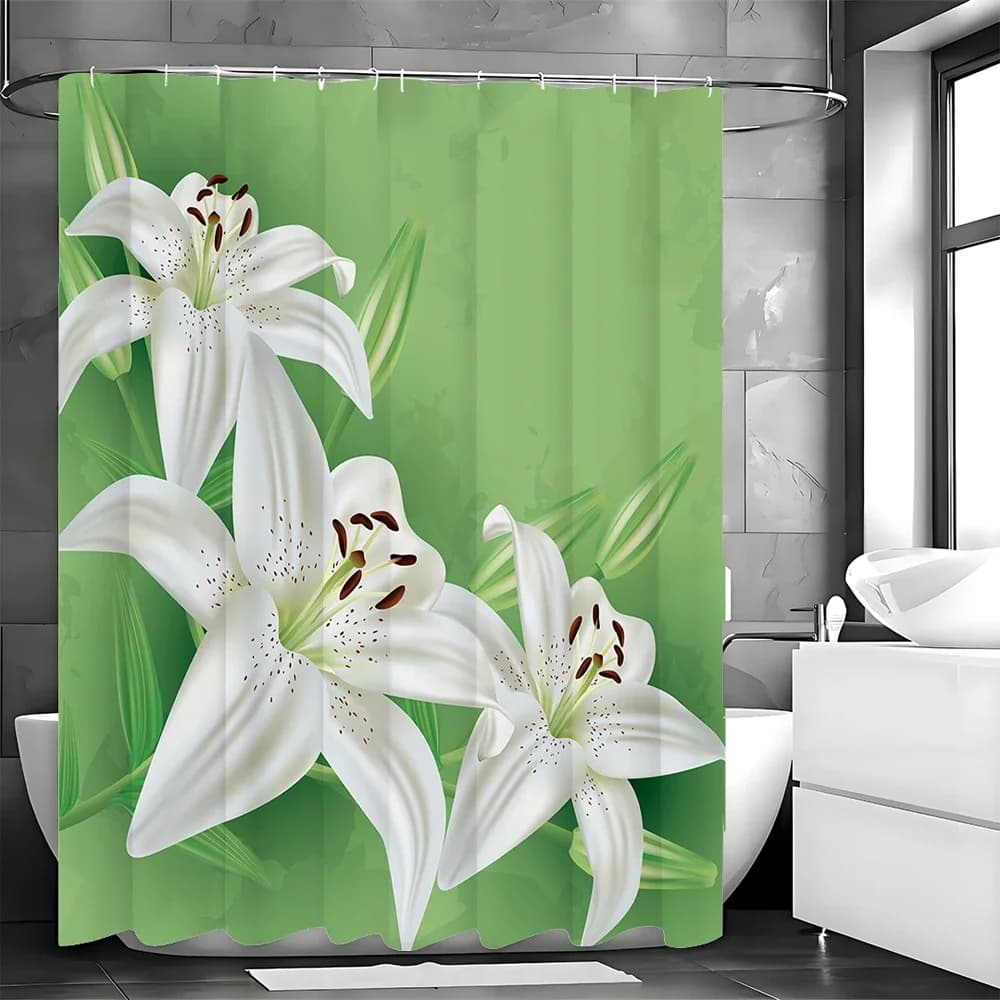 Tenda da doccia verde giglio fresco, tenda da doccia decorativa per bagno, tenda da doccia impermeabile con ganci