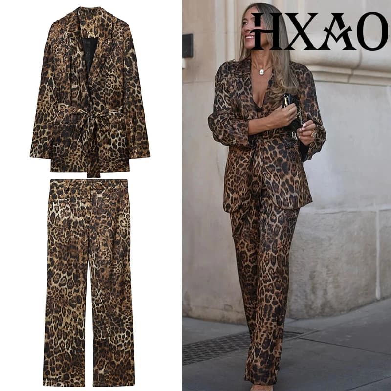 HXA Set of leopardized trousers Set of 2 pieces Long jacket vintage blazer Set of two-piece women's pants autumn formal women's belt Set