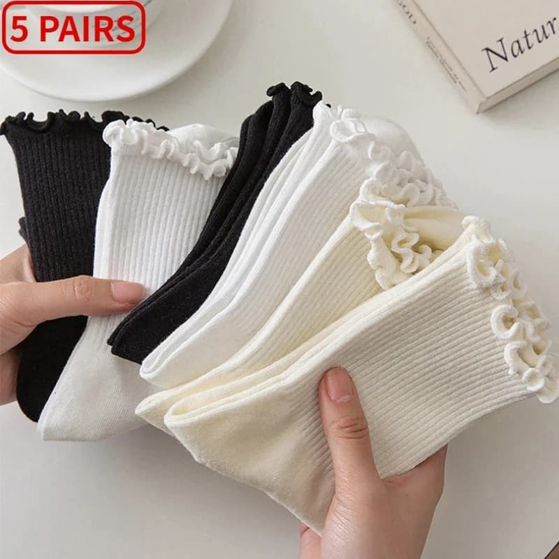 5 pairs/lot women's socks with volant cotton central tube to the breathable short ankle black white set spring autumn