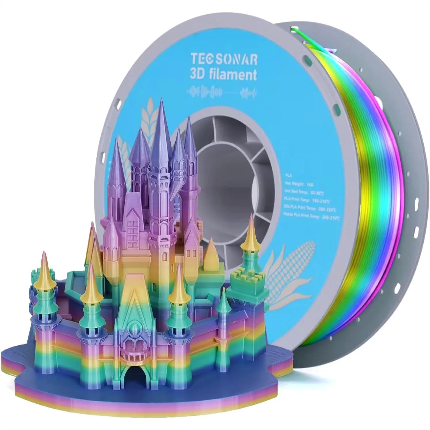 Filamento PLA Seta Arcobaleno per Stampante 3D, Bobina da 1KG con Cambio Colore Rapido 1.75mm, Filamento Multicolore Sfumato per Stampanti 3D FDM
