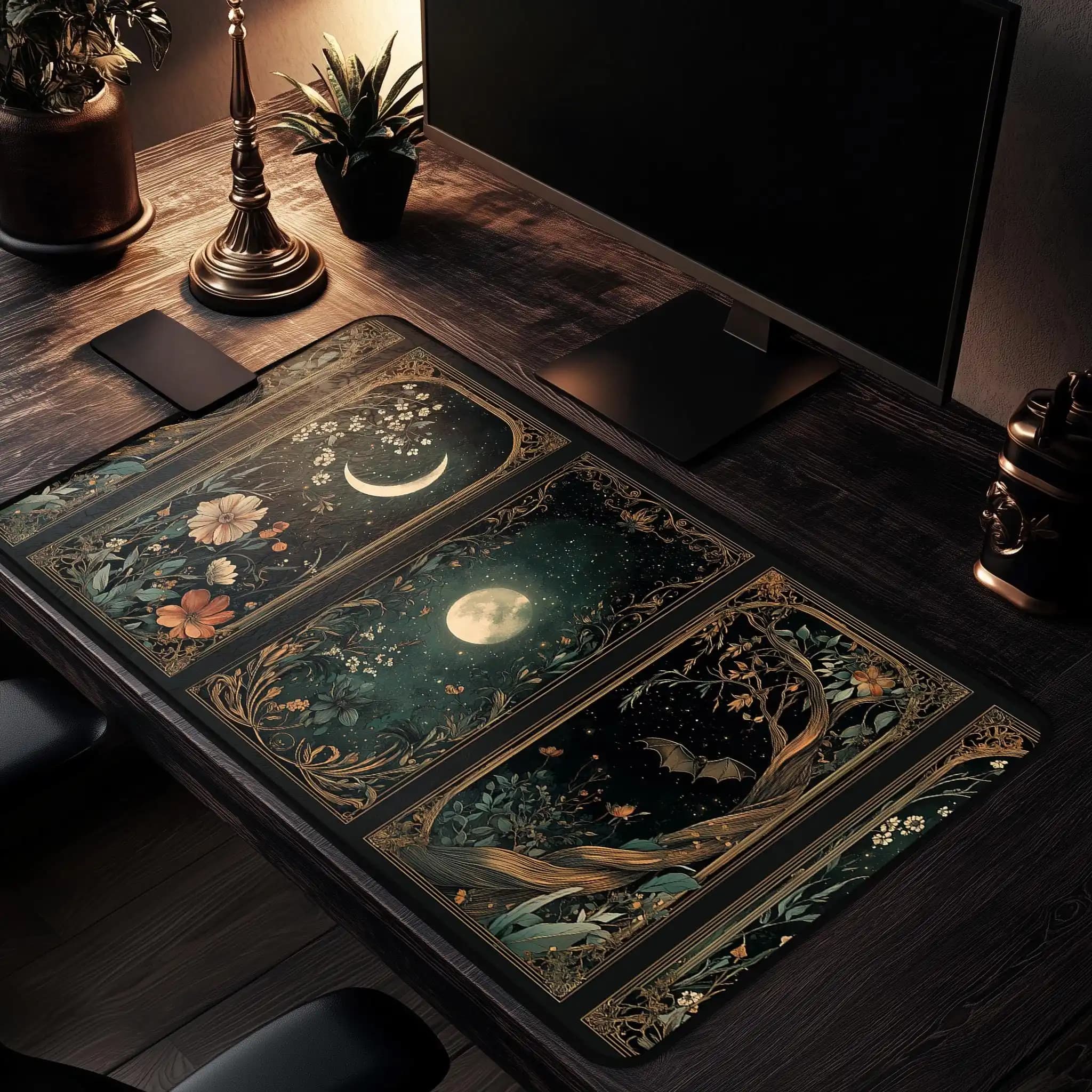 Celestial Lunar Nature Tarot Card Desk Mat Dark Green Witch Night Botanical Floral Mousepad Occult Stars Magic Mouse Moon Office