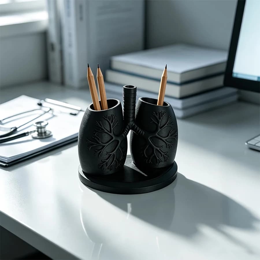 Creative Anatomical Lung-Shaped Pen Holder Made of Petg Material with Three-Dimensional Embossed Lung Texture, Creative Anatomical Ornament of the Respiratory System, Dual Storage Cups with Central Tube Slot, Stable Base Tray, Desktop Storage Box, Matte Texture, Black and White Dual-Compartment Stationery Storage Tube, Modern Minimalist Medical Aesthetic Functional Artwork, Office Desk, Home Office, Study Table, Bathroom Toothbrush Storage, Space-Saving Solution to Say Goodbye to Clutter on the Desk