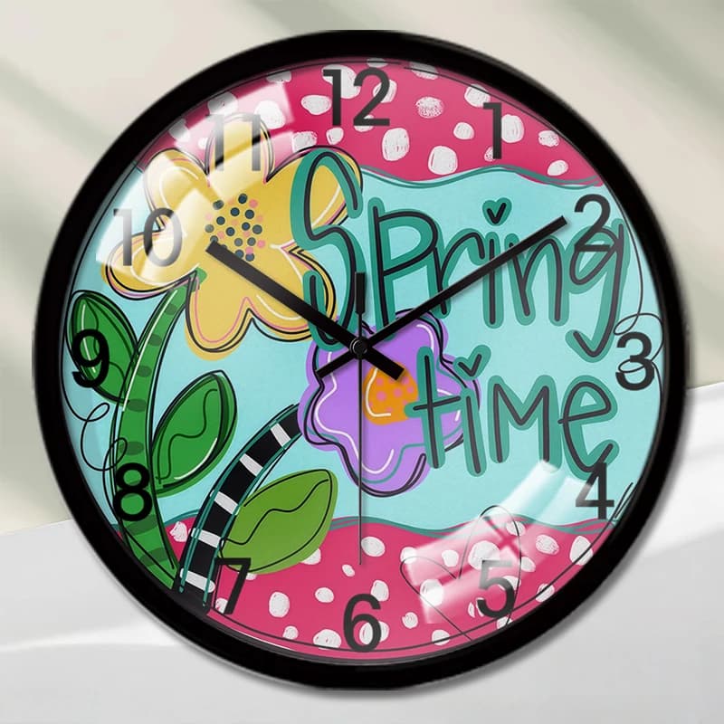 Wall clock suspended silent round Cartoon Spring Vibes, suitable for living room, school, study room, bedroom, children's gifts.