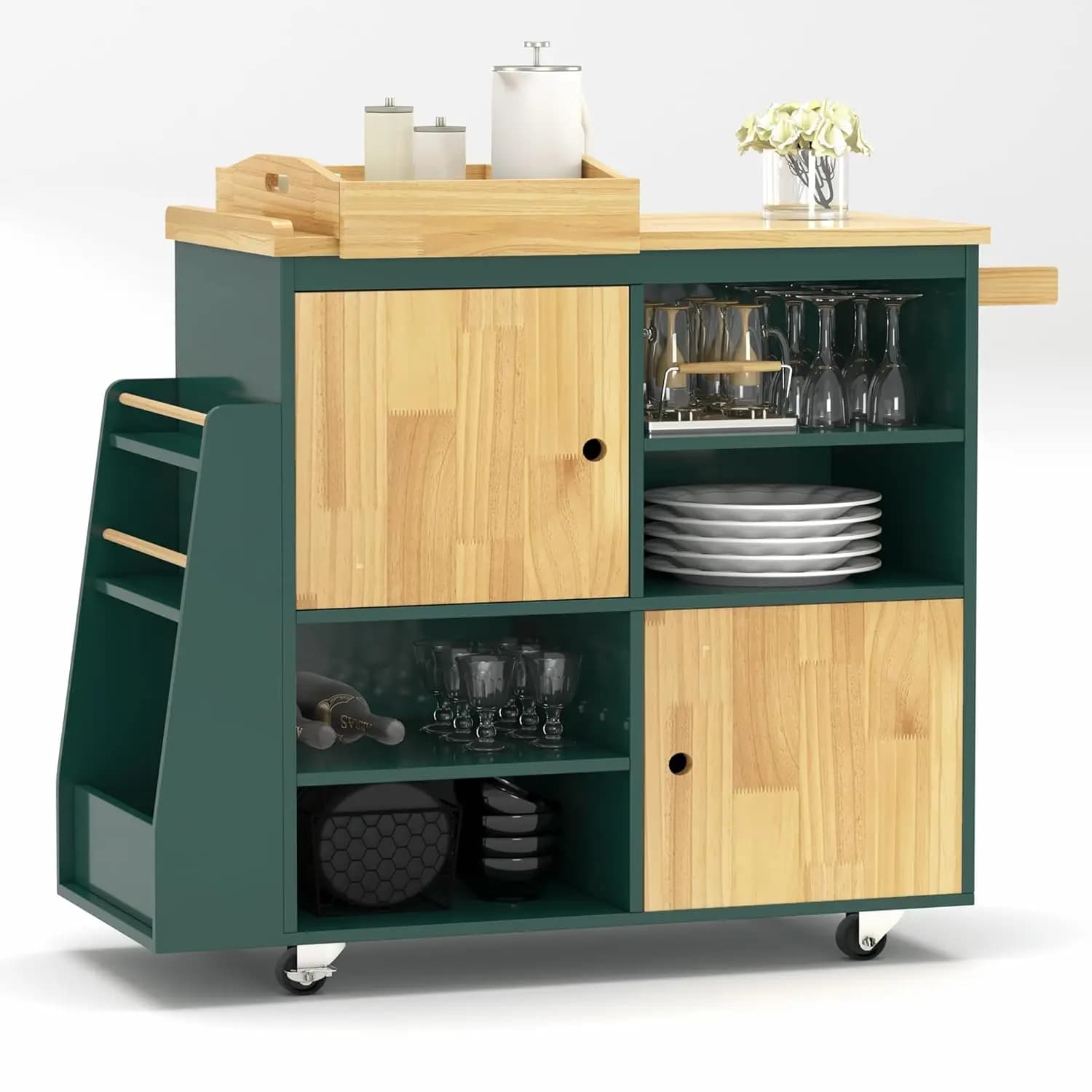 Kitchen Island Cart,Kitchen Bar&Serving Cart Rolling on Wheels with Spice Rack Towel Holder Utility Storage Trolley, Customized