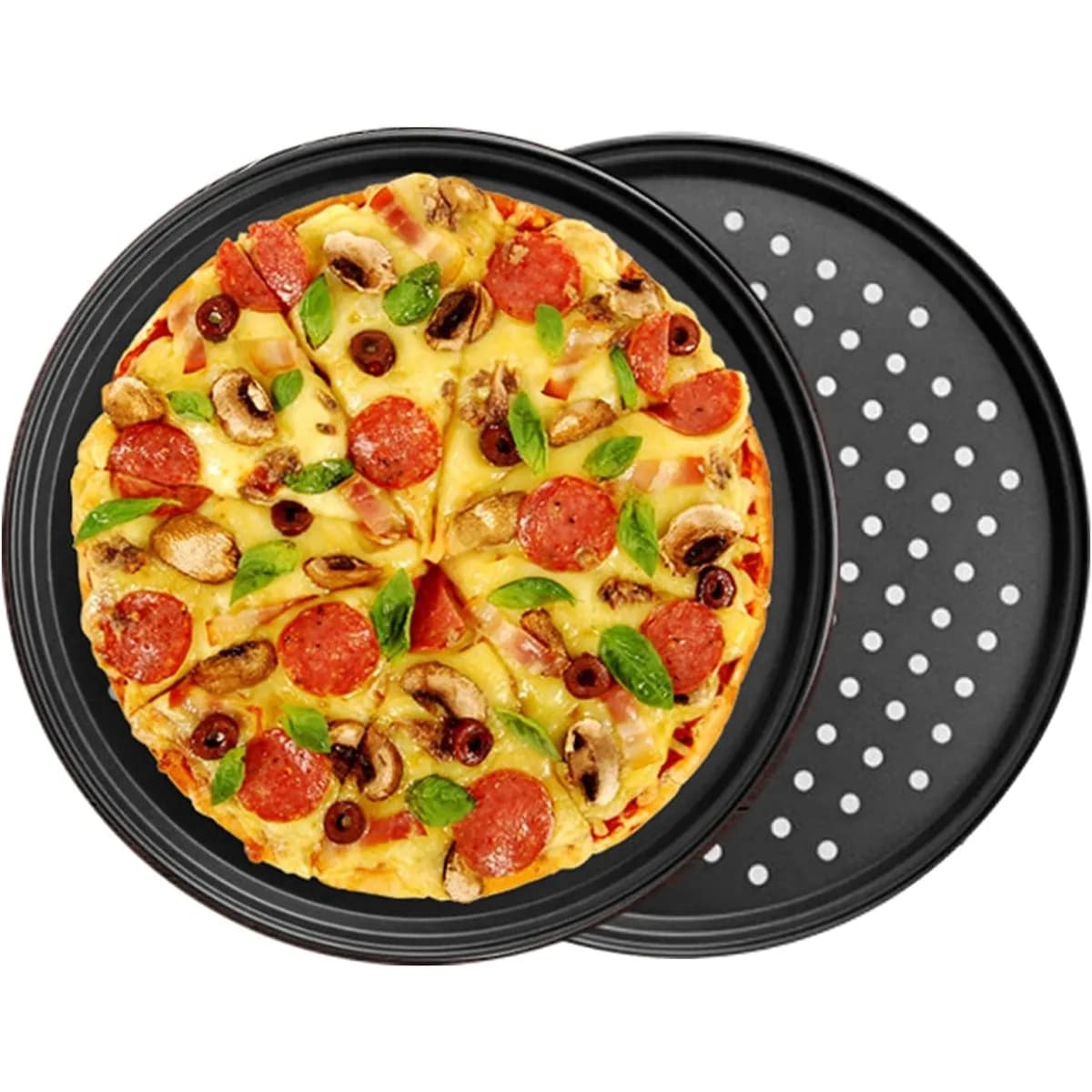 1/2Pcs Carbon Steel Perforated Pizza Pan with Holes Non Stick Round Tray Tool Crispy Baking Kitchen Cooking Tool for Oven