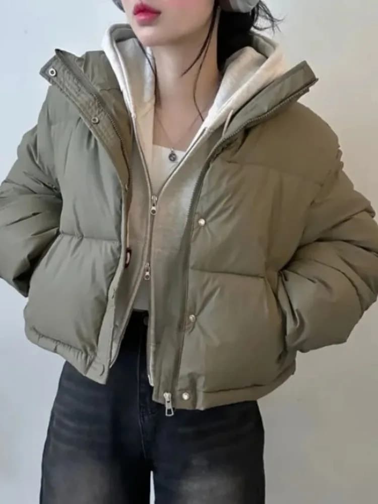 Chic Winter Short PU Protein Leather down Cotton Jacket Women Color Zipper Stand Collar Bread Style Coat Korean Loose Fit