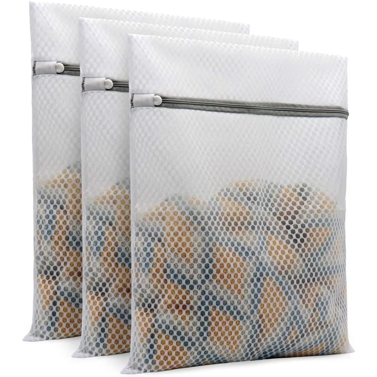 Confezione da 3 sacchetti per bucato in rete a nido d'ape, sacchetti per lavaggio resistenti, struttura durevole, protezione affidabile per indumenti delicati, strumenti domestici multiuso per il lavaggio in lavatrice, la classificazione dei vestiti e lo stoccaggio quotidiano di vari oggetti fragili