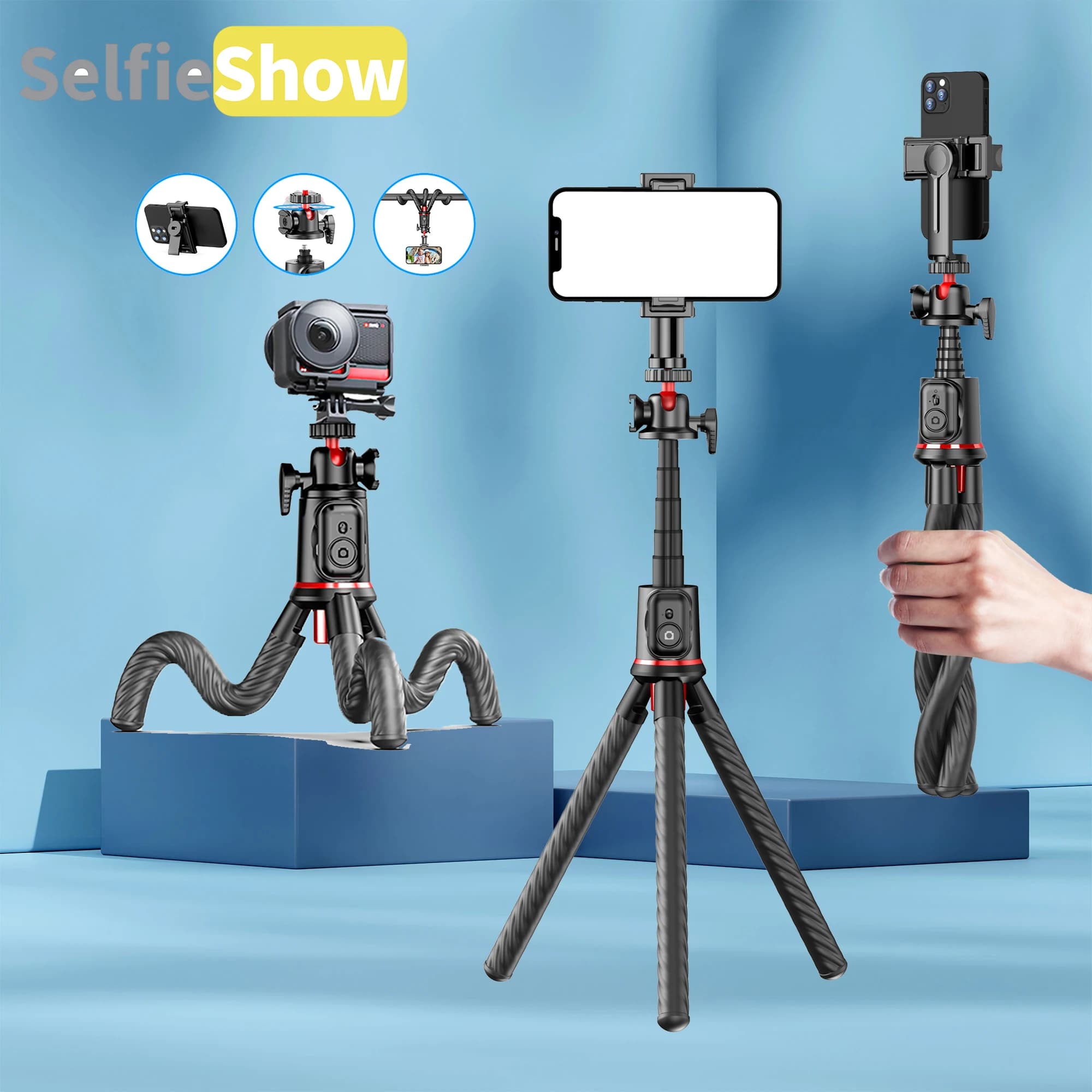 Selfieshow Flessibile 360 Testa a sfera Treppiede da viaggio portatile Supporto per telefono cellulare Clip Selfie Stick Trippa per lo streaming live Vlogging manganello telescopico cavalletto smartphone treppiede