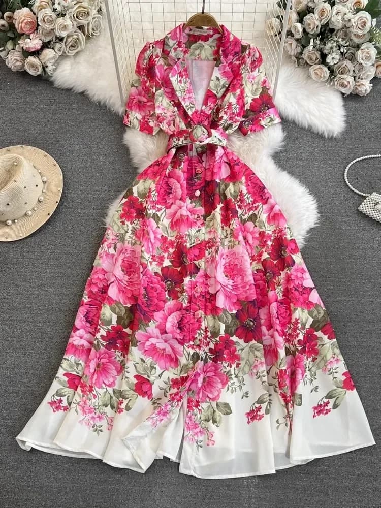 Abito estivo elegante con stampa floreale per le vacanze Abito da donna a maniche corte con cintura dentellata Abito da festa Abiti maxi per le vacanze al mare femminili