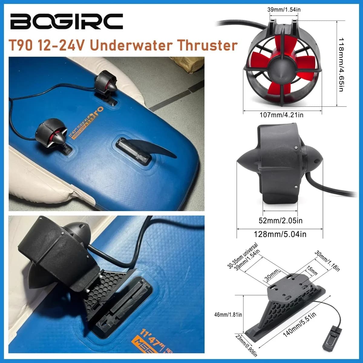BOGIRC 12-24V 500W Propulsore subacqueo con staffa T60/T90/T110 Propulsore compatibile per kayak robot subacquei Paddle Board