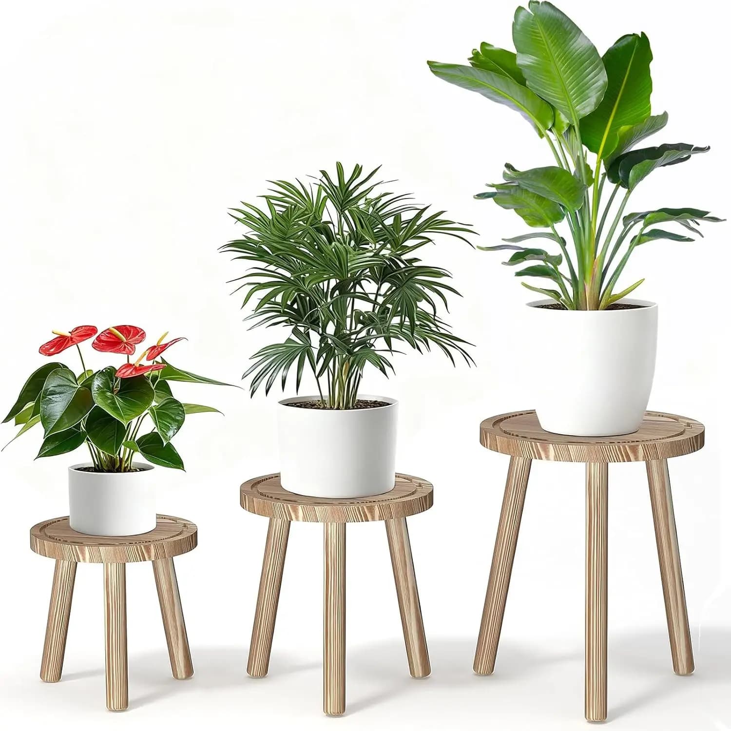 Set di 3 Supporti per Piante da Interno ed Esterno, Sgabello Porta Piante in Stile Mid-Century Modern, Portavaso in Legno, Decorazione per Casa, Giardino e Soggiorno