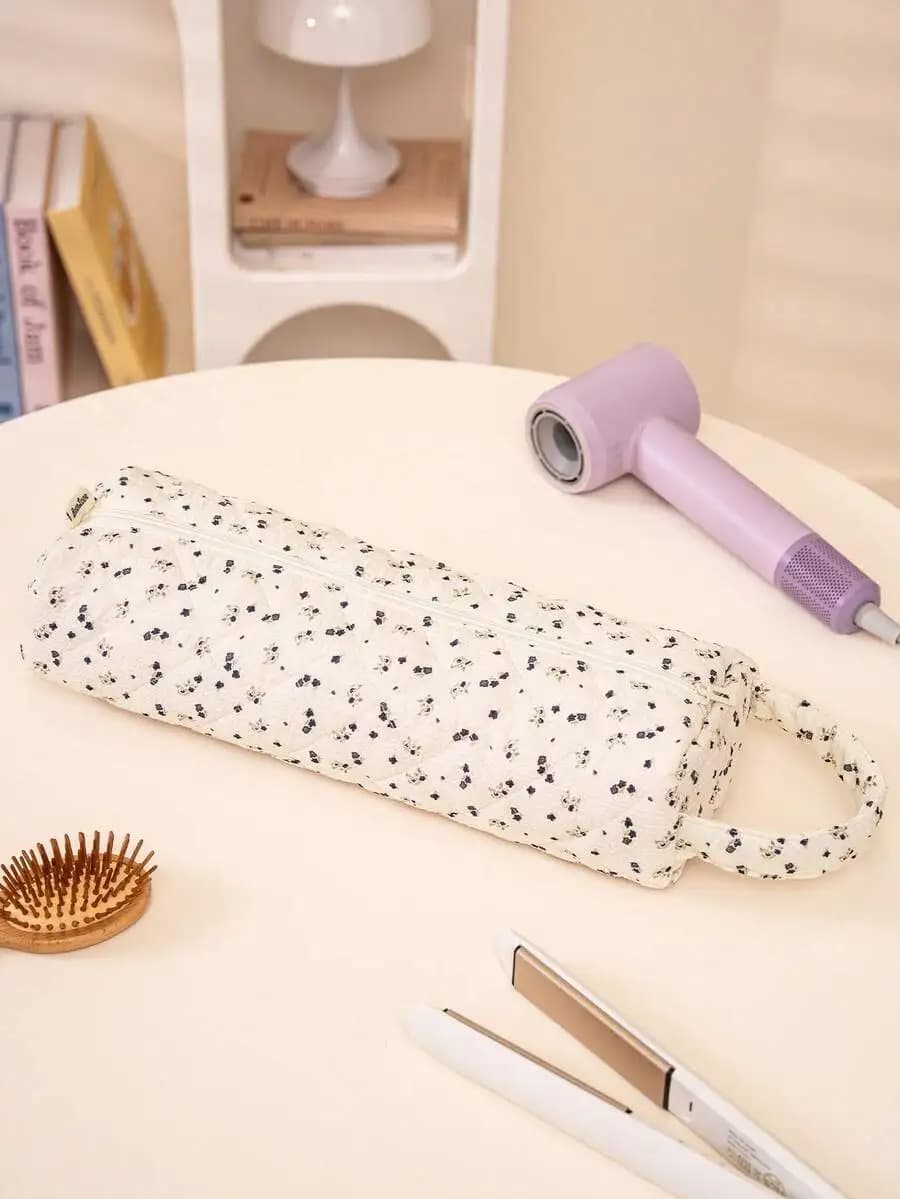 1pc Floral Bowknot Quilted Hair Dryer Storage Bag, Travel Essentials, Portable, Lightweight, Durable, Stylish, For Home, For Out