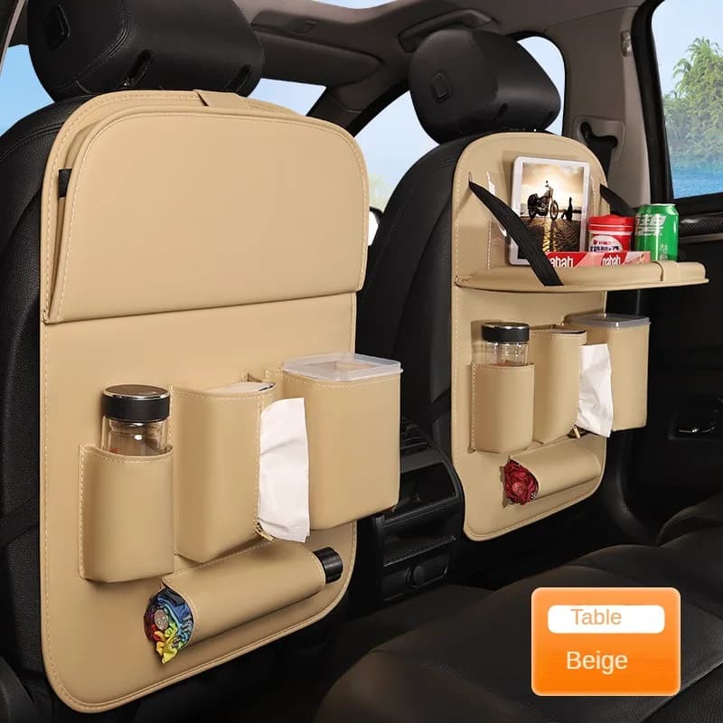 Organizer per schienale per seggiolino auto con vassoio da tavolo pieghevole Sedile posteriore per auto in pelle Tasche portabicchieri per fazzoletti Tasche per pattumiera